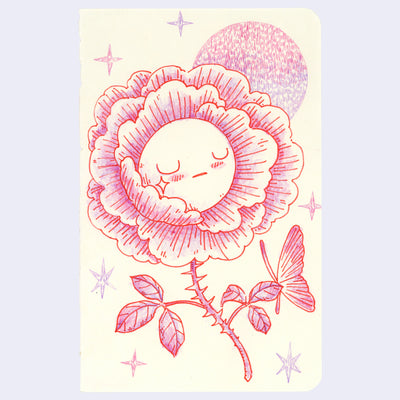 Floral design with a sleeping face inside a pink flower on a light purple background.