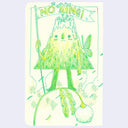 Illustration of a character holding a 'No King!' banner with green lines on a light purple background.