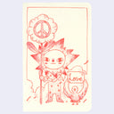 Illustration of an anthropomorphized flower standing with a staff that is topped with a flower shaped sign with a peace sign on it. Next to them is a small bird with a sign that reads "love"