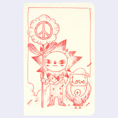 Illustration of an anthropomorphized flower standing with a staff that is topped with a flower shaped sign with a peace sign on it. Next to them is a small bird with a sign that reads "love"