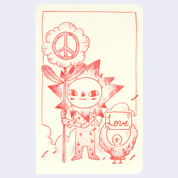 Illustration of an anthropomorphized flower standing with a staff that is topped with a flower shaped sign with a peace sign on it. Next to them is a small bird with a sign that reads "love"
