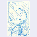 Blue line art of a moon, stars, and a flower on a light purple background