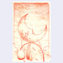 Red ink drawing of a stylized face in a crescent moon on a light pink background