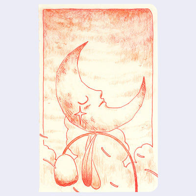 Red ink drawing of a stylized face in a crescent moon on a light pink background