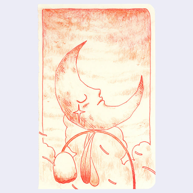Red ink drawing of a stylized face in a crescent moon on a light pink background