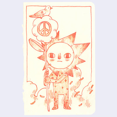 Illustration of a sun-like character holding a flower with a peace symbol, on a light purple background.