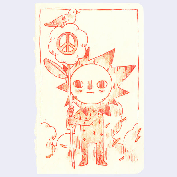 Illustration of a sun-like character holding a flower with a peace symbol, on a light purple background.