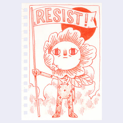 Illustration of a sun-like character holding a 'RESIST!' banner on a light purple background