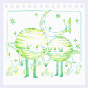Cartoon-like drawing of two planets holding hands with stars and a moon in the background on a lined paper background.