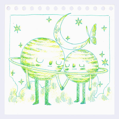 Cartoon-like drawing of two planets holding hands with stars and a moon in the background on a lined paper background.