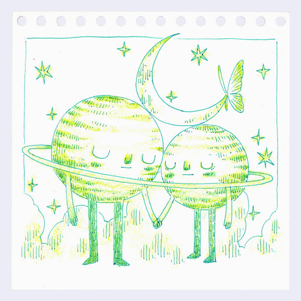 Cartoon-like drawing of two planets holding hands with stars and a moon in the background on a lined paper background.