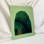 Painting on solid green background of a large green rock with a subtle swirl pattern and some yellow flecks. A small butterfly rests atop of it and 7 blades of yellow grass are in the lower left corner.