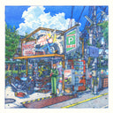 Highly detailed blue ink and watercolor illustration of a motorcycle mechanic shop, with 2 motorcycles being worked on and flashy neon signage atop the shop. To the right of it is a drink vending machine and a heavily wired telephone pole. The mechanic stands out in front, looking down at a cat near their legs.