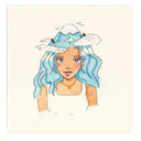 Illustration of a woman with blue hair, with the top of her hair the peak of a mountain. It has a snowy top and clouds surround it.