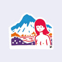 Sticker of a nude woman made up of red line art standing in front of a mountain scene.