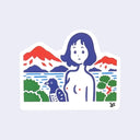 Illustration of a stylized figure with mountains and nature elements on a light purple background