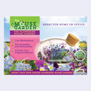 Product packaging for a 'Flowering Mouse Garden' product with colorful flowers and text on a blue sky background.