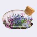 Decorative glass terrarium with cork lid containing a miniature garden of colorful flowers on a light gray background