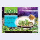 Mouse Garden packaging with succulent plants and promotional text on a purple background