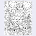 Illustration with black line art of a whimsical forest scene on a white background