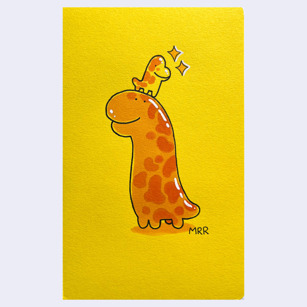 Illustration on yellow paper of small, cute dinosaurs stacked atop of one another.