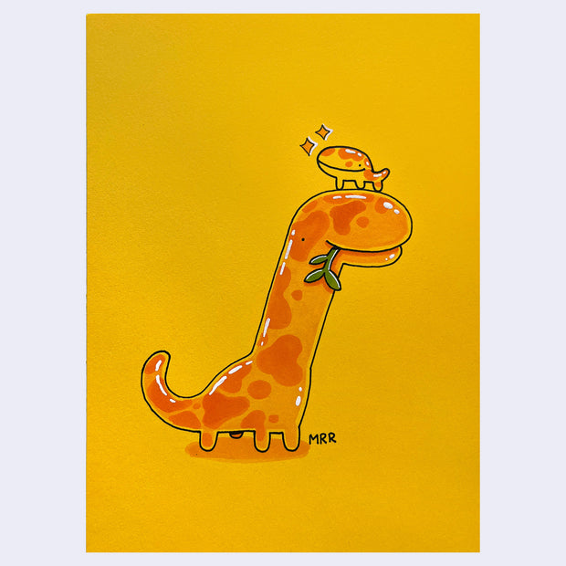 Illustration of a dinosaur with a smaller creature on its head on a yellow background