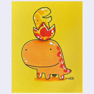 Illustration of a dinosaur hatching from an egg, atop of a larger orange dinosaur on a yellow background