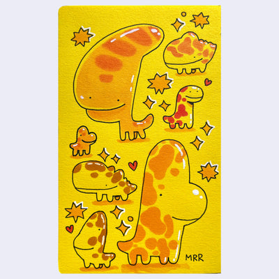 Illustration with cartoon dinosaurs on a yellow background