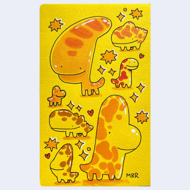 Illustration with cartoon dinosaurs on a yellow background