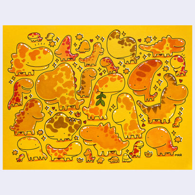 Illustrations of dinosaurs on a yellow background