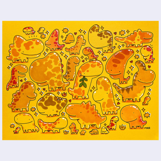 Illustrations of dinosaurs on a yellow background