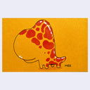 Illustration of a cartoon, stylized spotted dinosaur on yellow paper.
