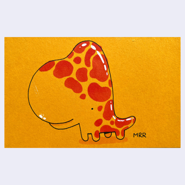 Illustration of a cartoon, stylized spotted dinosaur on yellow paper.