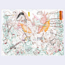 Chaotic illustration of a bug woman, being attacked by many soldiers with guns.