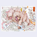 Illustration of a large bear in a chaotic scene with people and objects being trampled and thrown about.