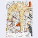 Illustration of a large tiger, mauling down a person dressed in winter hunting wear. Birds look on.