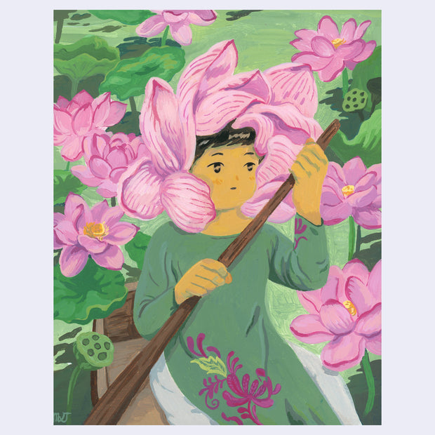 Painting of a small tan girl wearing a traditional Vietnamese shirt and pants, rowing a small wood canoe. Her head is surrounded by a large pink lotus, with more in the green water around her.
