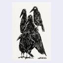 A black ink sketch of four crows on a white rectangular page of paper.