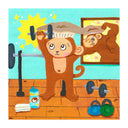 Illustration of a cartoon monkey with a mushroom head, lifting a dumbbell in one arm in a gym setting.