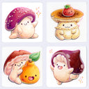 Set of four cute illustrations of mushrooms and with various poses and fruit friends on a white background