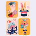 Four whimsical illustrated cards or tiles arranged in a 2x2 grid, each showing a cute fantasy animal character: a pink snail with a hat and candy, a bunny in a magician hat, a blue octopus under a party hat, and a teddy bear on a unicycle. The cards have pastel backgrounds and decorative sparkles.