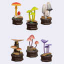 6 figures of mushroom dioramas, with a faux wooden base and some brown leaves to accompany a bright mushroom.