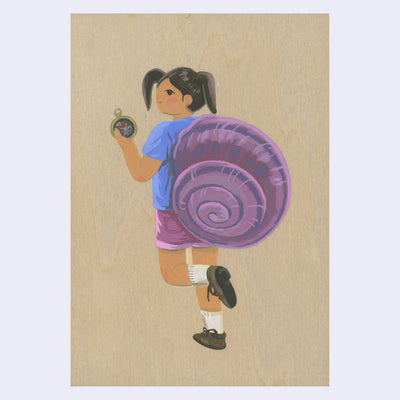 Painting on exposed wood panel of a small tan girl with pigtails dressed in a t-shirt and shorts. On her back is a large purple snail shell. She holds a navigation compass.