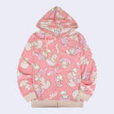 Pink hooded zip up jacket with an all over pattern of My Melody and My Sweet Piano, sitting next to one another with "My Melody" written in white cursive throughout the pattern.