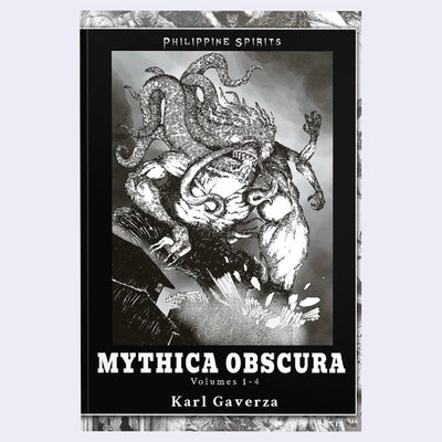 Book cover of 'Mythica Obscura' by Karl Gaverza featuring a black and white illustration of a creature.