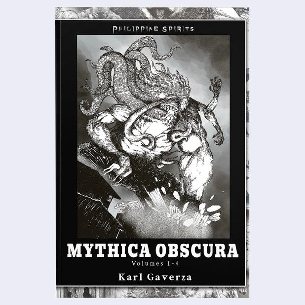 Book cover of 'Mythica Obscura' by Karl Gaverza featuring a black and white illustration of a creature.