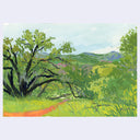 A landscape painting featuring a large leafy tree in the foreground, rolling green hills, distant mountains, and a pale sky, presented on a light gray background.