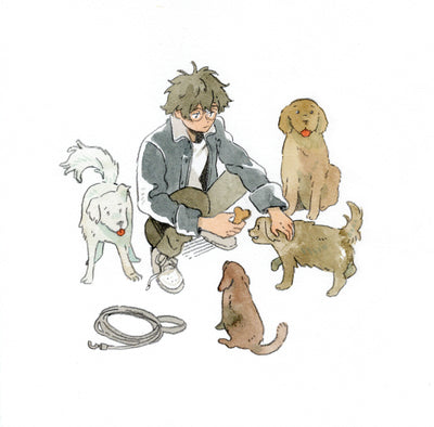 Ink and watercolor illustration of a guy squatting down, petting dogs that circle around him and feeding them treats.
