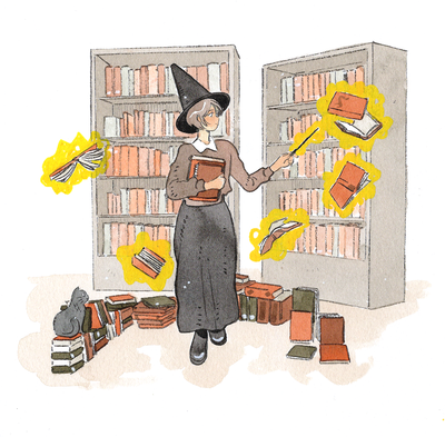 Illustration of a witch, dressed modestly in a long skirt and collared sweater. She stands in front of 2 bookcases, using a wand to levitate several books while a black cat watches.