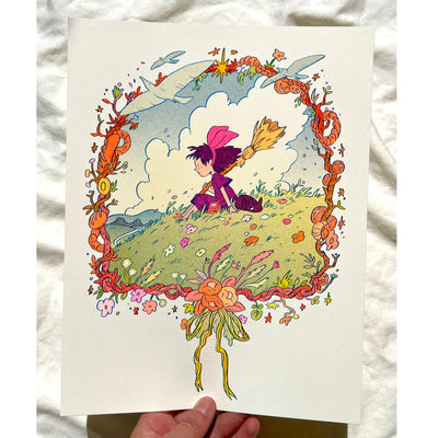 Risograph print of Kiki from Kiki's Delivery Service sitting on a green hilltop with a cloudy blue sky behind. She holds a broom and has a hand radio, with a black cat laying beside her. Scene is framed by a wreath made of bread, flowers and birds.